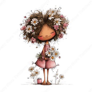 Vår Clipart PNG, 30 nyckfull flicka med blommor grafikpaket bild 16