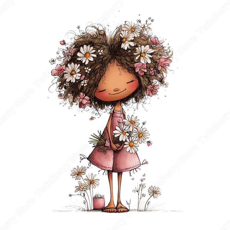 Vår Clipart PNG, 30 nyckfull flicka med blommor grafikpaket bild 16