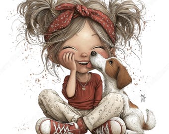 Girl and Dog Clipart, Whimsical Valentine PNG Bundle (Digital Download)