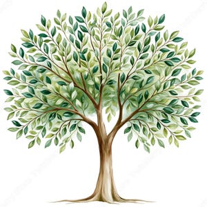 Pode incluir: Ilustração em aquarela de uma árvore com tronco e galhos marrons e folhas verdes. As folhas apresentam diferentes tons de verde, criando profundidade. A árvore está em um fundo branco.