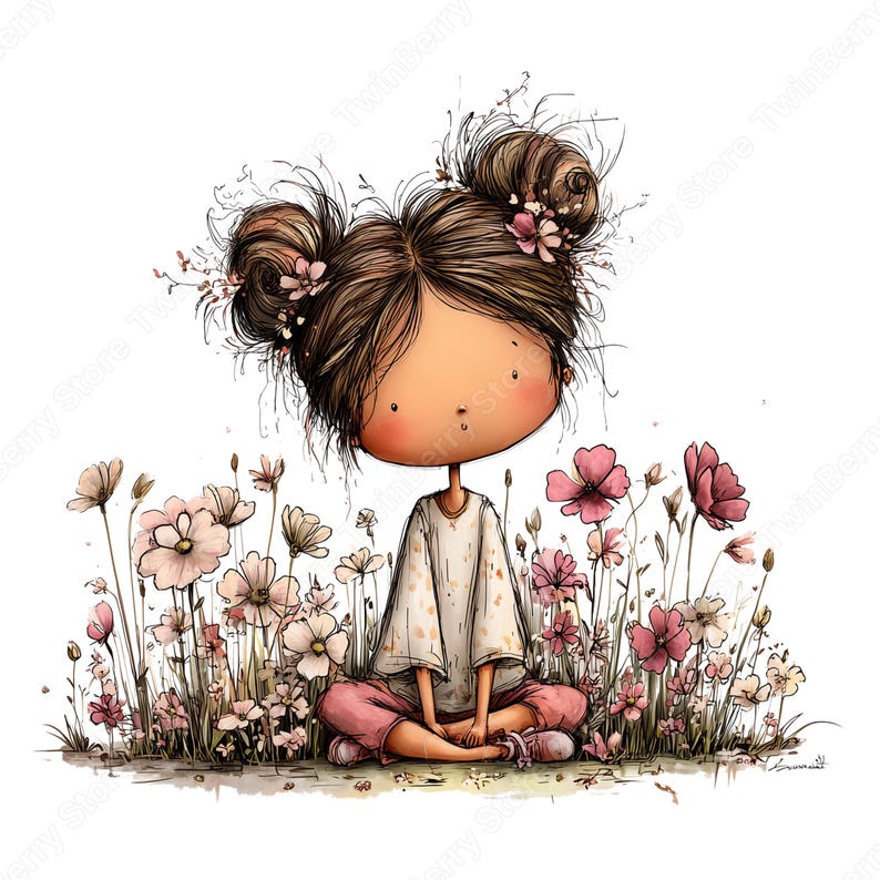 Vår Clipart PNG, 30 nyckfull flicka med blommor grafikpaket bild 8