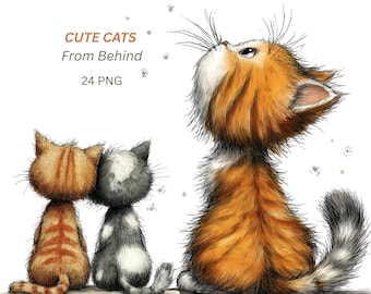 Whimsical Cat Clipart, Tabby & Ginger Cats From Behind (PNG Digital Download