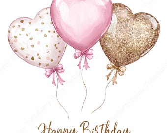 Grattis på födelsedagen ballonger PNG, 18 rosa guld akvarell clipart med hjärtan och presentaskar