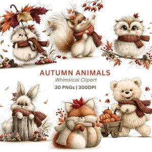 Könnte beinhalten: Eine digitale Sammlung von Herbsttier-Illustrationen mit einem Igel mit Regenschirm, einem Eichhörnchen, einer Eule, einem Hasen, einem Fuchs und einem Bären mit einem Kürbiswagen. Jedes Tier trägt einen Strickschal. Text: AUTUMN ANIMALS Whimsical Clipart 30 PNGs | 300DPI.
