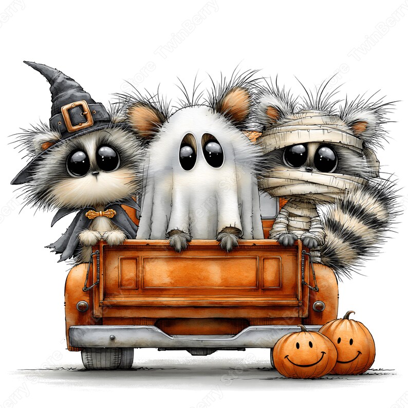 May include: Three fluffy raccoons in Halloween costumes sitting in the bed of an orange pickup truck. One wears a black witch hat and cape, one is draped in a white ghost sheet, and one is wrapped in mummy bandages. Two orange jack-o'-lanterns sit below.