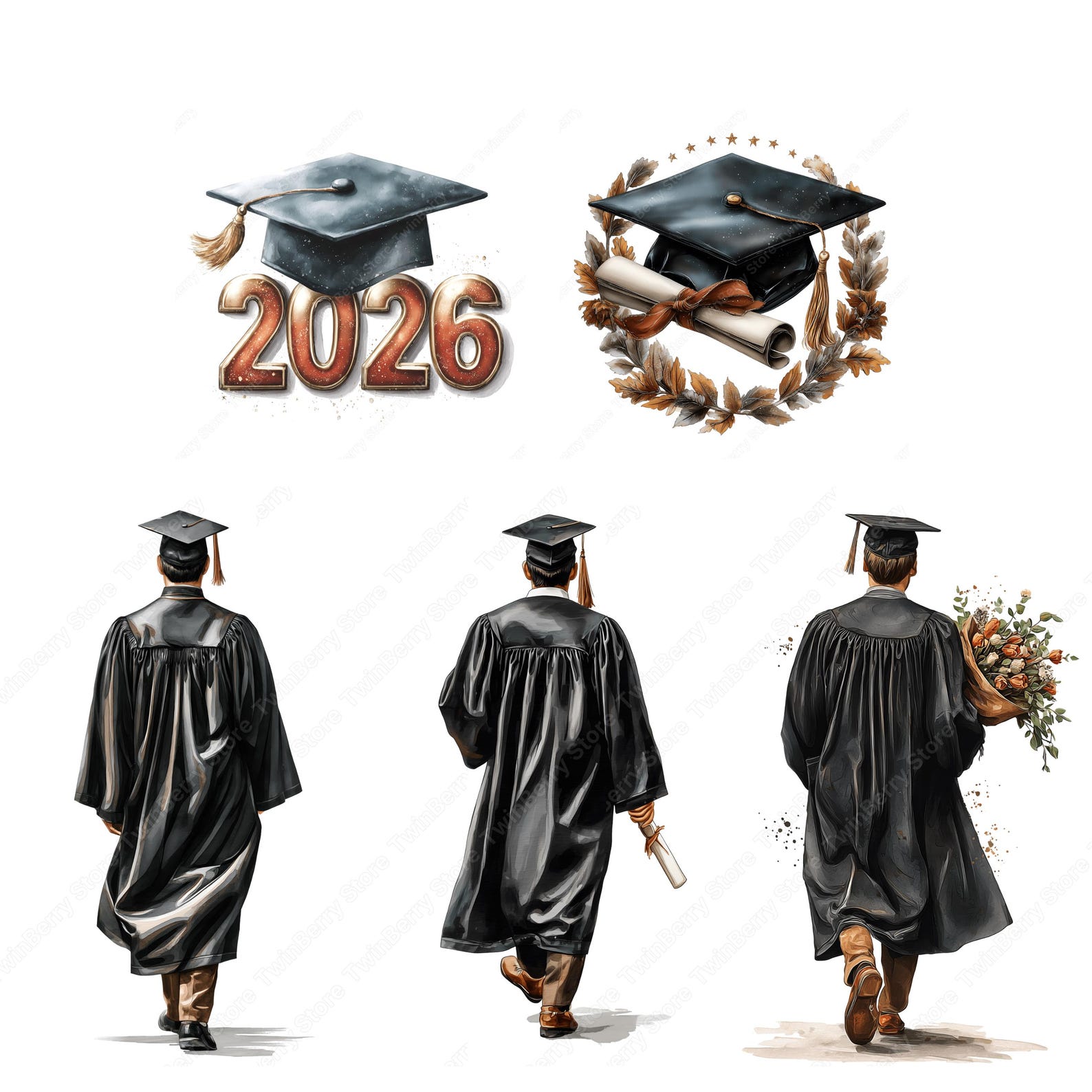 Graduation PNG, 34 Watercolor Clipart With Cap Diploma Flowers and ...