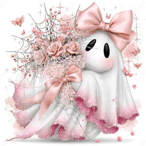 May include: A white ghost figure with a large pink bow on its head, holding a bouquet of pink roses and silver spiderwebs. The ghost has a pink gradient hem, and the scene is decorated with small pink bats, sparkling stars, and glittery accents.