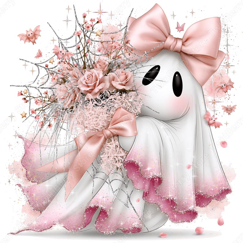 May include: A white ghost figure with a large pink bow on its head, holding a bouquet of pink roses and silver spiderwebs. The ghost has a pink gradient hem, and the scene is decorated with small pink bats, sparkling stars, and glittery accents.