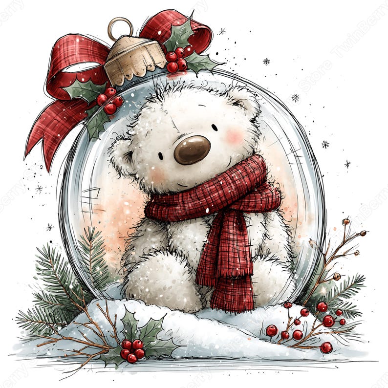 Imágenes prediseñadas de osos blancos navideños en formato PNG, 30 lindos gráficos de osos polares en acuarela, ositos de peluche con bufandas, regalos para tarjetas y sublimación. imagen 14