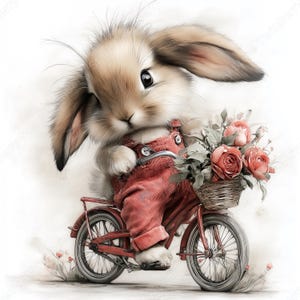 May include: A watercolor illustration of a fluffy bunny riding a red bicycle. The bunny wears red overalls and carries a basket of pink roses. The bicycle has a wicker basket and is set against a soft, white background.