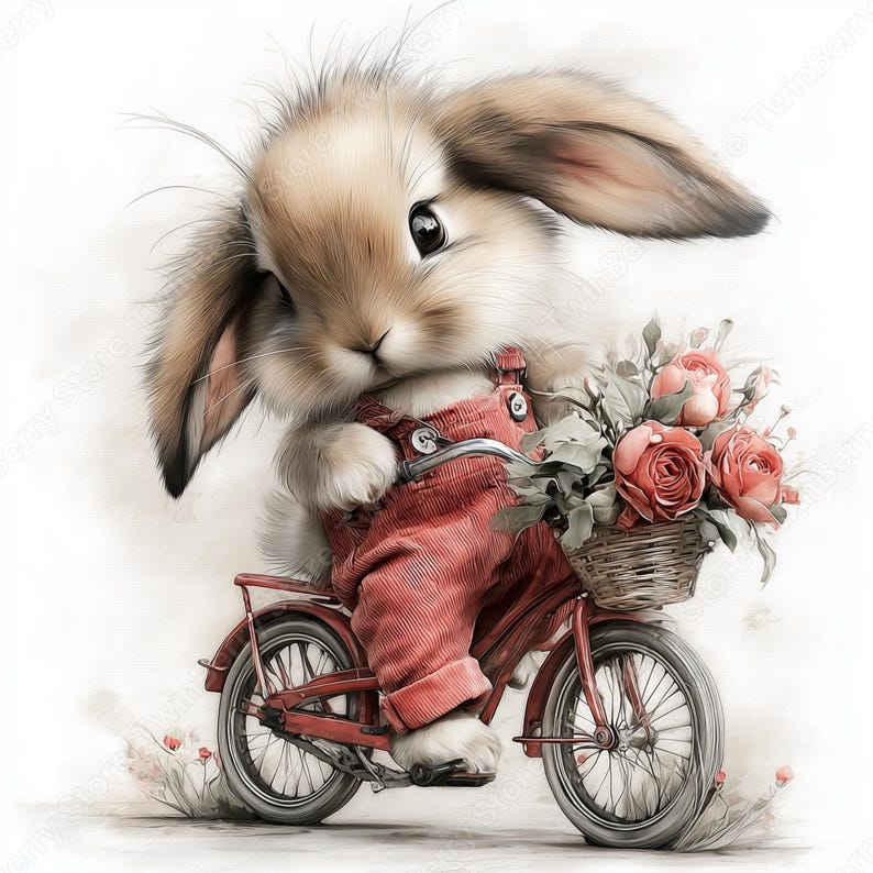 May include: A watercolor illustration of a fluffy bunny riding a red bicycle. The bunny wears red overalls and carries a basket of pink roses. The bicycle has a wicker basket and is set against a soft, white background.