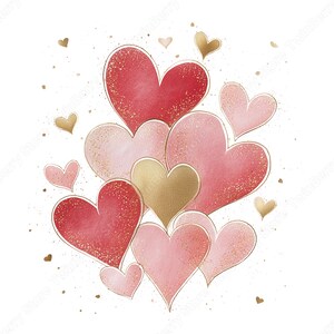 20 Pink & Gold Hearts Clipart PNG, Elegant Watercolor Valentine Hearts ...