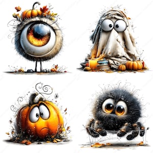 May include: A whimsical Halloween-themed illustration featuring four cartoon characters. An eye-shaped creature with a pumpkin hat, a ghost, a sad pumpkin, and a furry spider with a web. The characters are surrounded by autumn leaves and small pumpkins.