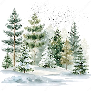 Può includere: Un'illustrazione ad acquerello di una scena di bosco invernale con vari alberi sempreverdi dai rami e dal suolo coperti di neve. La composizione include sfumature di verde scuro, salvia tenue e bianco, con fiocchi di neve che cadono ovunque.