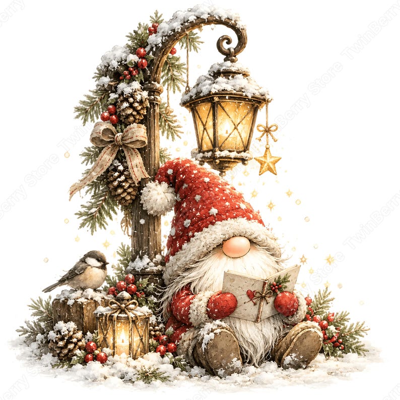Puede incluir: Un gnomo con una larga barba blanca y un gorro rojo est&aacute; sentado en la nieve leyendo un libro. Junto al gnomo hay un farol encendido, un p&aacute;jaro peque&ntilde;o y una farola decorada con ramas de pino, pi&ntilde;as, bayas rojas y una estrella dorada colgante.