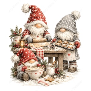 Puede incluir: Tres gnomos horneando galletas en una mesa de madera. Un gnomo extiende la masa, otro sostiene una bandeja de hombres de jengibre y el tercero mezcla ingredientes en un cuenco. Llevan gorros rojos y grises con pompones blancos y delantales.
