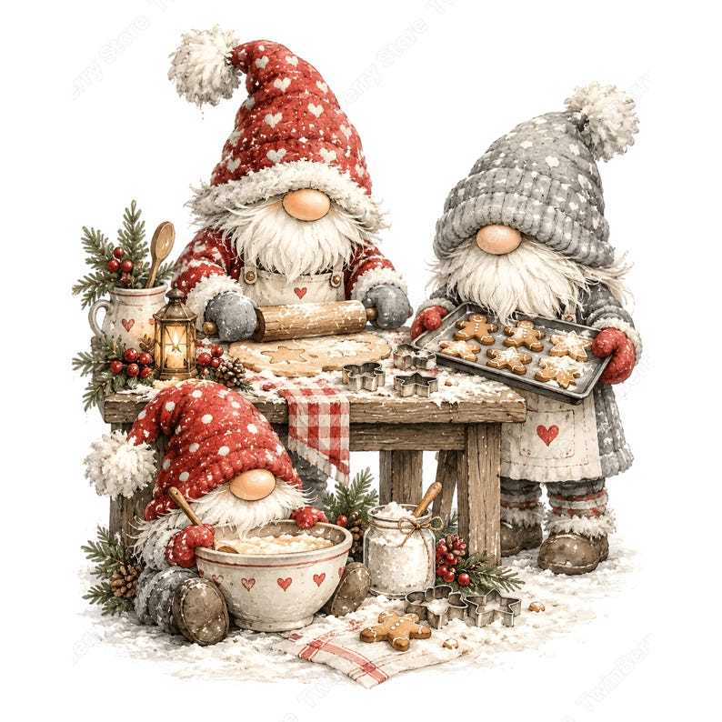 Puede incluir: Tres gnomos horneando galletas en una mesa de madera. Un gnomo extiende la masa, otro sostiene una bandeja de hombres de jengibre y el tercero mezcla ingredientes en un cuenco. Llevan gorros rojos y grises con pompones blancos y delantales.