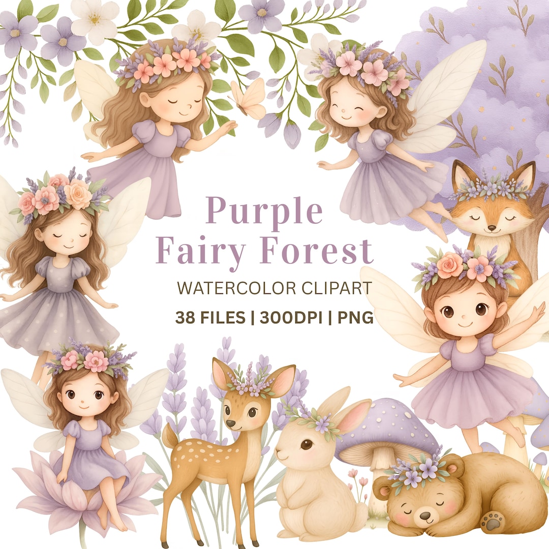 Purple Fairy Clipart PNG, 38 Watercolor Fairy Garden Woodland Animals ...