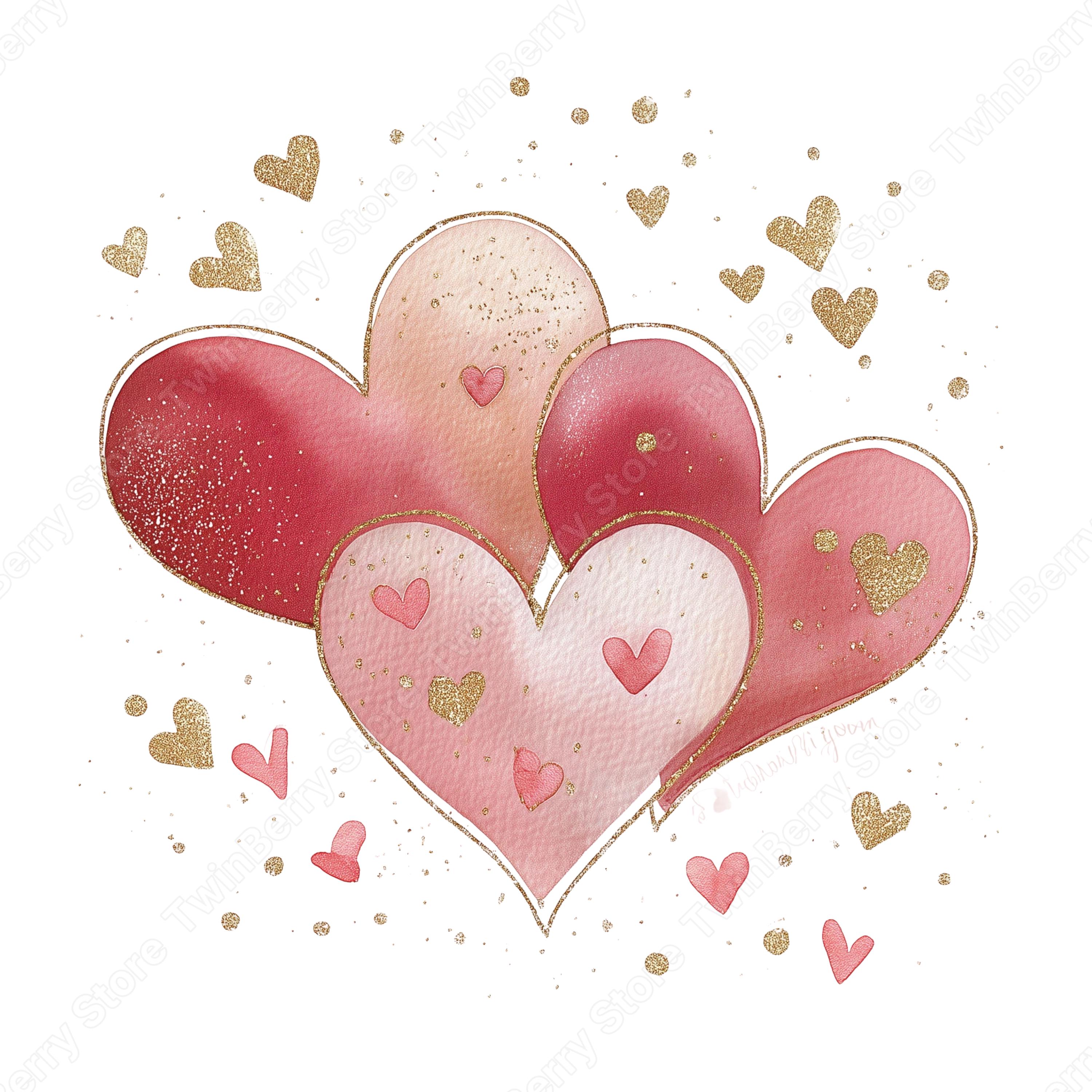 20 Pink & Gold Hearts Clipart PNG, Elegant Watercolor Valentine Hearts ...
