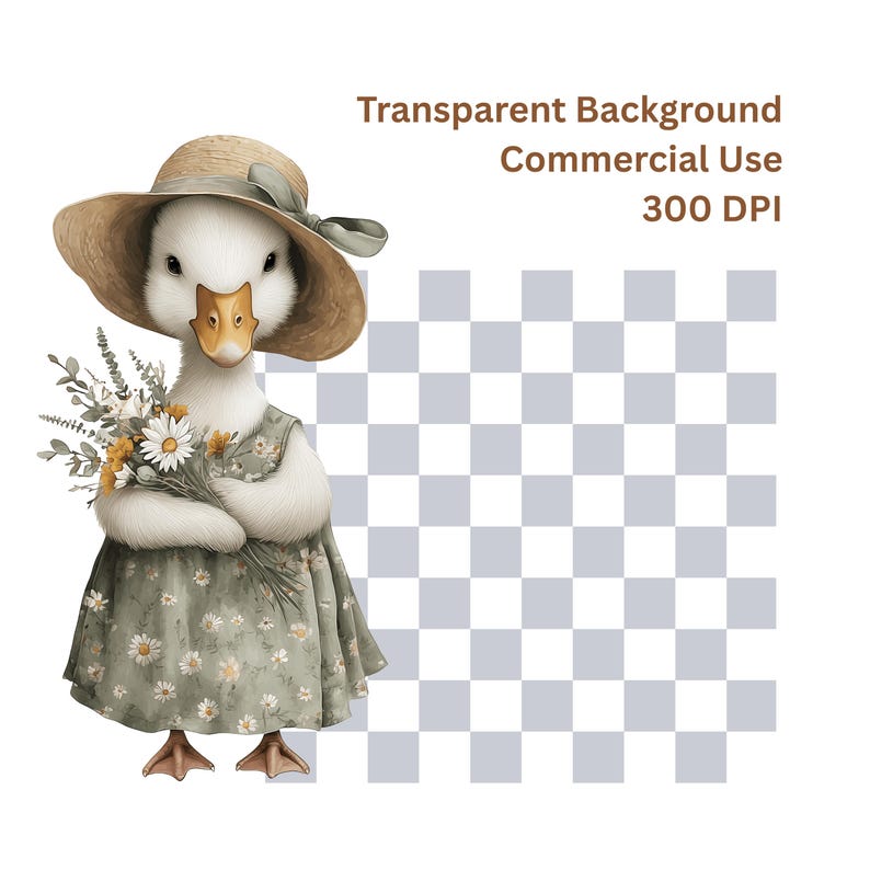 May include: An illustration of a charming duck wearing a straw hat with a green ribbon and a floral dress. The duck is holding a bouquet of flowers and the image includes the text "Transparent Background Commercial Use 300 DPI".