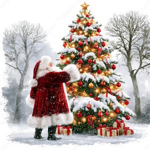 May include: A figure dressed in a red velvet suit with white fur trim stands before a snow-covered Christmas tree decorated with red and gold ornaments, warm lights, and a star topper, with wrapped gifts placed at the base in a snowy forest.