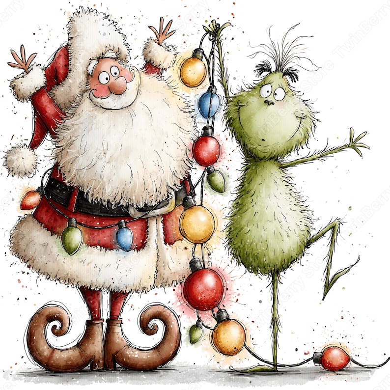 Grappige kerstman clipart PNG, 27 speelse kerstafbeeldingen, kerstman met groene vriend die cadeautjes draagt voor kaarten en sublimatie. afbeelding 13