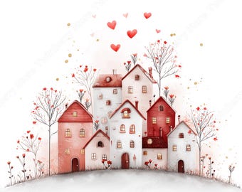 Valentine Village Clipart JPG, 26 Watercolor Valentine Town Scenes Pink Love Graphics