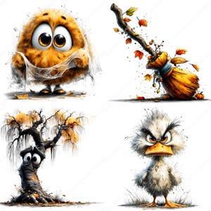 May include: A whimsical illustration featuring four cartoon characters. An orange, furry creature with large eyes and a spiderweb, a broom with autumn leaves, a weeping tree with a face, and an angry duck.