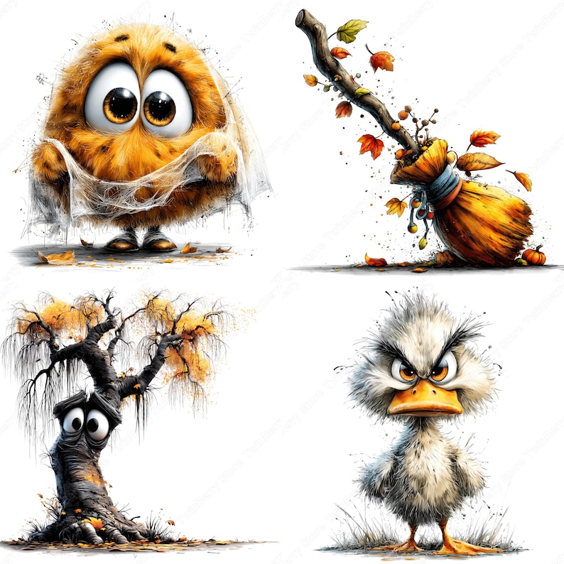 May include: A whimsical illustration featuring four cartoon characters. An orange, furry creature with large eyes and a spiderweb, a broom with autumn leaves, a weeping tree with a face, and an angry duck.