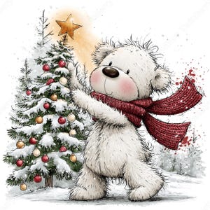 Puede incluir: Un oso de peluche blanco y esponjoso con una bufanda roja oscura texturizada, de pie junto a un &aacute;rbol de Navidad cubierto de nieve y decorado con adornos rojos y dorados. El oso se estira para colocar una gran estrella dorada brillante.