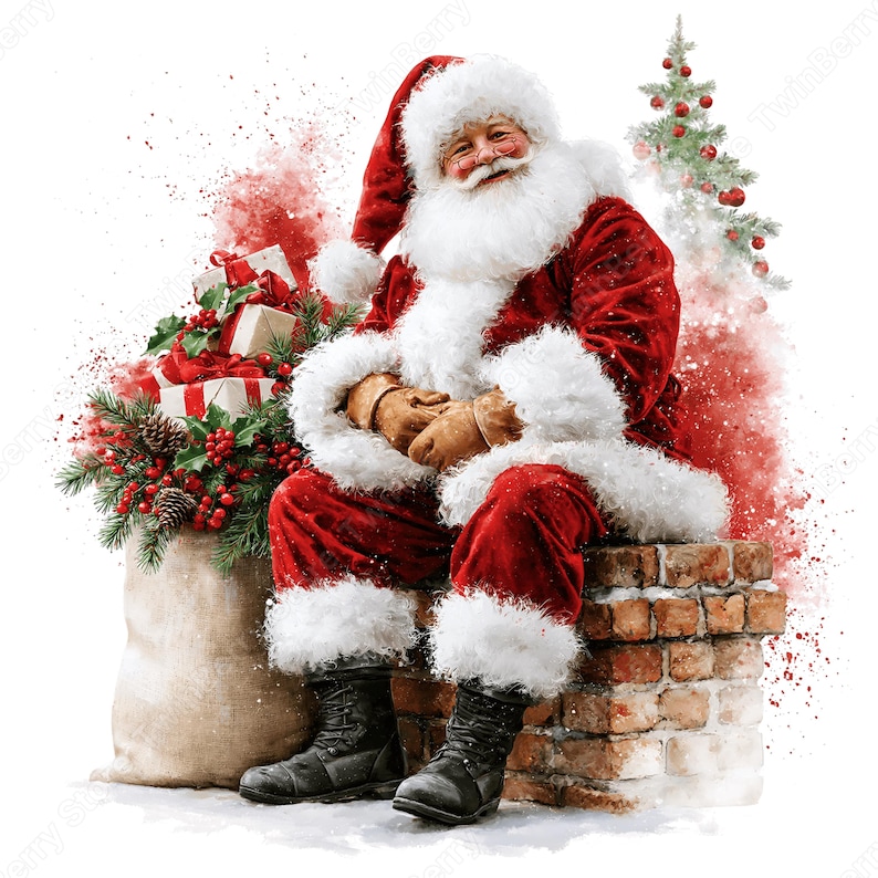 May include: Santa Claus wearing a red velvet suit with white fur trim, a matching hat, and black boots, sitting on a brick chimney. Beside him is a large burlap sack filled with wrapped gifts, pine branches, red berries, and pinecones.