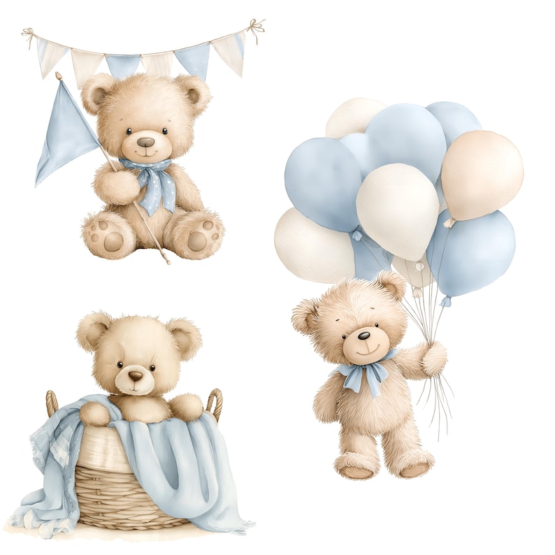 Clipart aquarel teddybeer: blauwe babyknuffels png-set (digitale download 31 png's) afbeelding 4