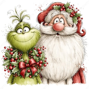 Op de afbeelding: Een grillige illustratie van een pluizig groen wezen met een brede glimlach naast de Kerstman. Het groene wezen draagt een hulstkrans met rode bessen en een rode strik. De Kerstman heeft een witte baard, een rode muts en hulstaccenten.