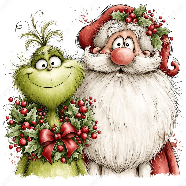 Op de afbeelding: Een grillige illustratie van een pluizig groen wezen met een brede glimlach naast de Kerstman. Het groene wezen draagt een hulstkrans met rode bessen en een rode strik. De Kerstman heeft een witte baard, een rode muts en hulstaccenten.