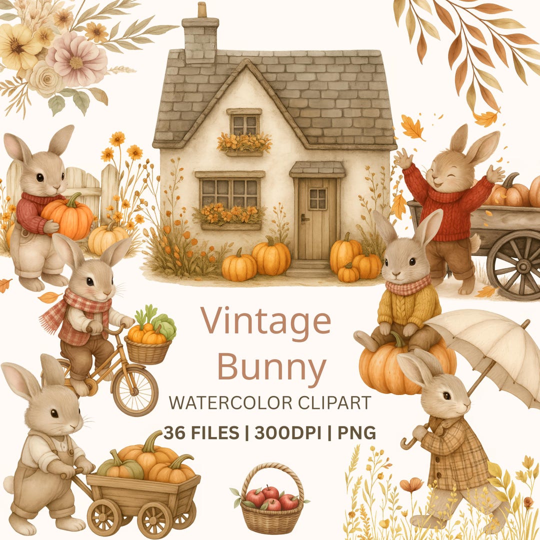 Vintage Bunny Clipart - 36 Watercolor Autumn Rabbits PNG - Pumpkins ...