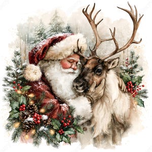 Pode incluir: Uma ilustração em aguarela do Pai Natal com barba branca e gorro vermelho a abraçar uma rena com grandes hastes. A cena é decorada com ramos de pinheiro verdes, pinhas castanhas e bagas de azevinho vermelhas sobre um fundo de neve.