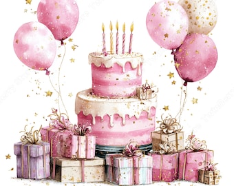 Birthday Clipart JPG, 15 Watercolor Cake with Balloons and Gifts Graphics Bundle