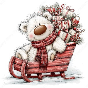 Puede incluir: Un oso de peluche blanco y esponjoso con una nariz marr&oacute;n grande y mejillas rosadas lleva una bufanda de cuadros rojos mientras est&aacute; sentado en un trineo de madera rojo. El trineo est&aacute; lleno de regalos envueltos con lazos, ramas de pino y bayas rojas.