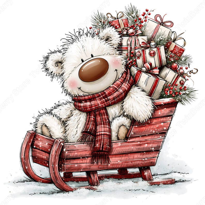 Puede incluir: Un oso de peluche blanco y esponjoso con una nariz marr&oacute;n grande y mejillas rosadas lleva una bufanda de cuadros rojos mientras est&aacute; sentado en un trineo de madera rojo. El trineo est&aacute; lleno de regalos envueltos con lazos, ramas de pino y bayas rojas.