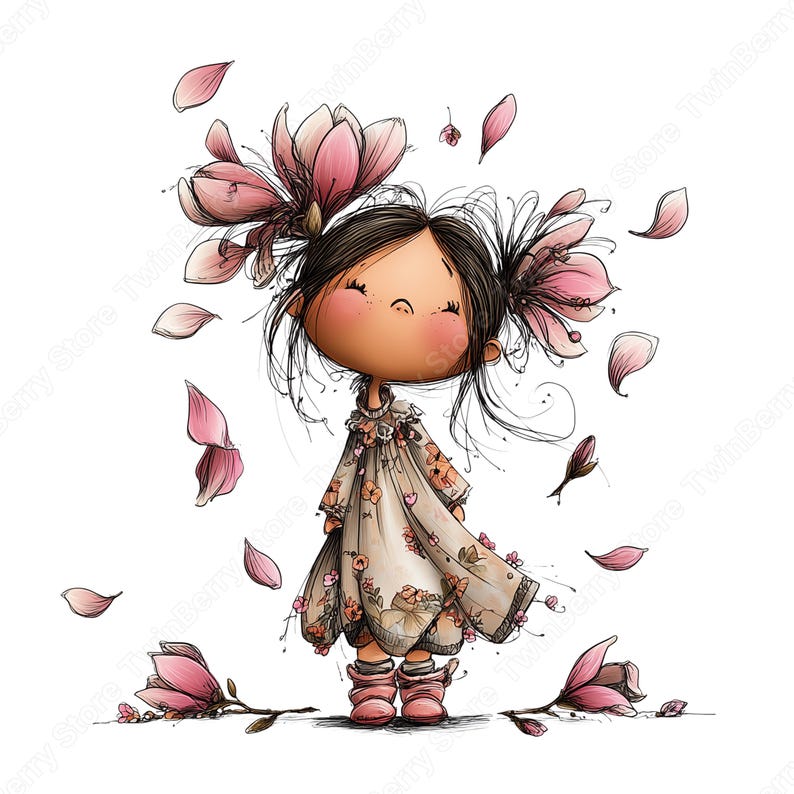 Vår Clipart PNG, 30 nyckfull flicka med blommor grafikpaket bild 6