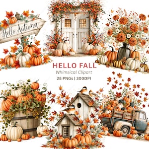 Puede incluir: Una colección de arte digital con temas otoñales. La imagen incluye calabazas, hojas de otoño, un letrero de madera que dice "Hello Autumn" y una puerta blanca. También está presente el texto "Hello Fall Whimsical Clipart".