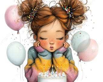 Birthday PNG, 24 Whimsical Girl with Cake and Balloons Graphics Bundle