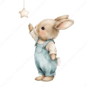 May include: A charming watercolour illustration of a bunny in light blue dungarees and a white shirt, reaching for a star. The bunny has soft brown fur, pink cheeks, and a fluffy tail. The image has a whimsical, storybook feel.
