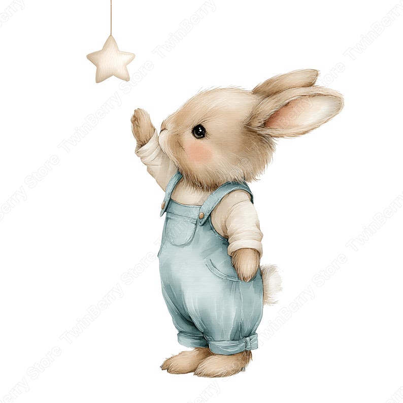May include: A charming watercolour illustration of a bunny in light blue dungarees and a white shirt, reaching for a star. The bunny has soft brown fur, pink cheeks, and a fluffy tail. The image has a whimsical, storybook feel.