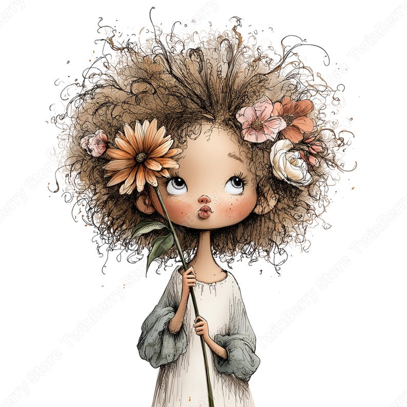 Vår Clipart PNG, 30 nyckfull flicka med blommor grafikpaket bild 12