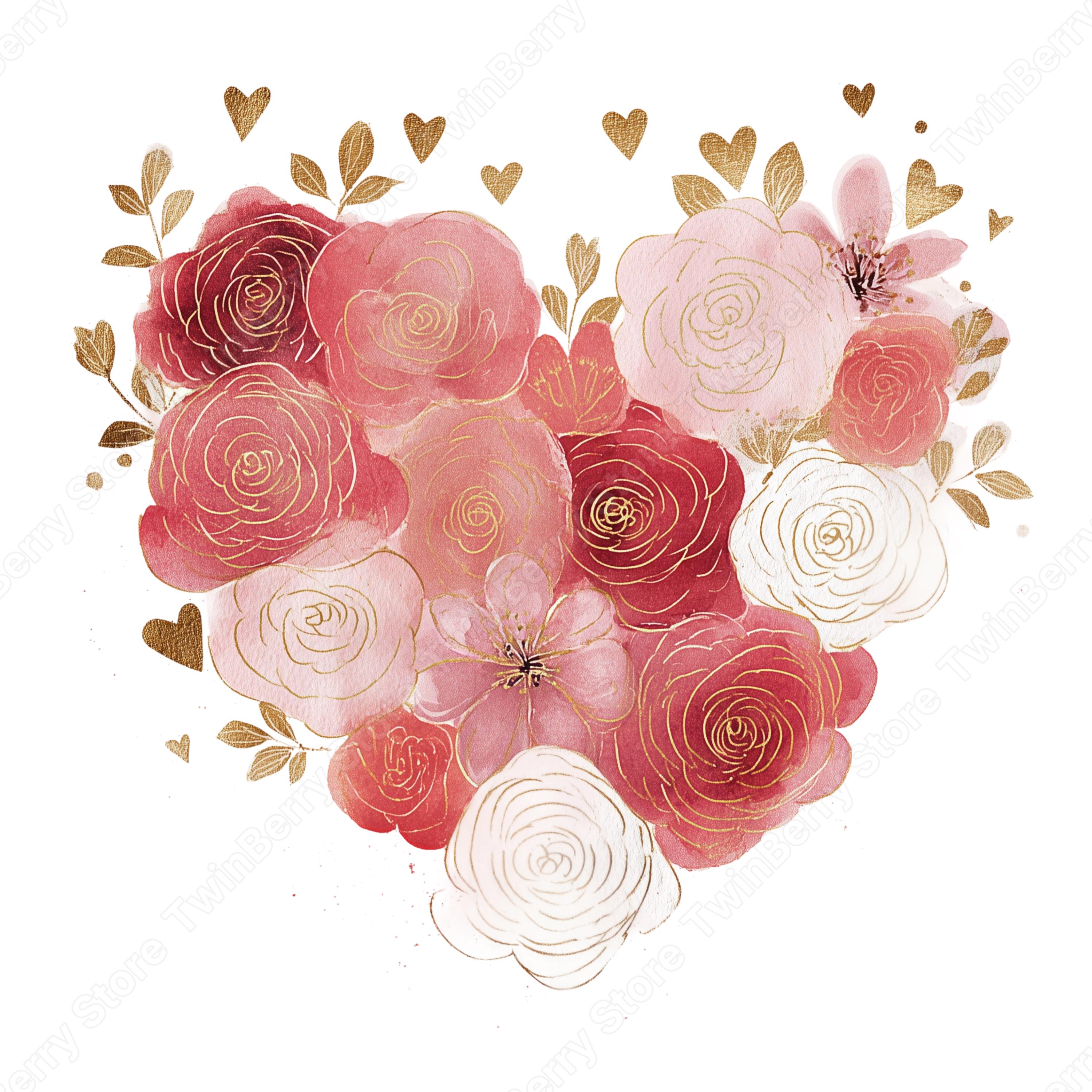 20 Pink & Gold Hearts Clipart PNG, Elegant Watercolor Valentine Hearts ...