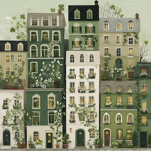Può includere: Illustrazione di diverse case a schiera in varie tonalità di verde, bianco e beige. Ogni edificio ha più finestre, alcune con persiane, ed è adornato da piante rampicanti e fioriere. L'opera d'arte evoca un senso di fascino europeo.