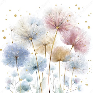 Könnte beinhalten: Aquarellmalerei von Löwenzahnpflanzen in Blau-, Rosa- und Beigetönen mit goldenen Akzenten. Die zarten Blütenköpfe sind mit feinen Linien detailliert, und goldene Punkte sind auf dem weißen Hintergrund verstreut.