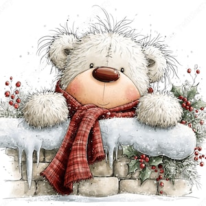 Imágenes prediseñadas de osos blancos navideños en formato PNG, 30 lindos gráficos de osos polares en acuarela, ositos de peluche con bufandas, regalos para tarjetas y sublimación. imagen 4