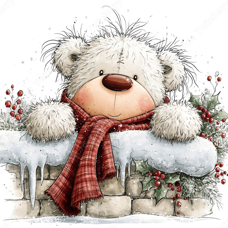 Imágenes prediseñadas de osos blancos navideños en formato PNG, 30 lindos gráficos de osos polares en acuarela, ositos de peluche con bufandas, regalos para tarjetas y sublimación. imagen 4